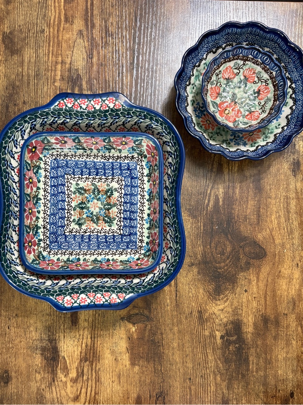 Hand-Painted - Blue & Multicolor polish pottery set.